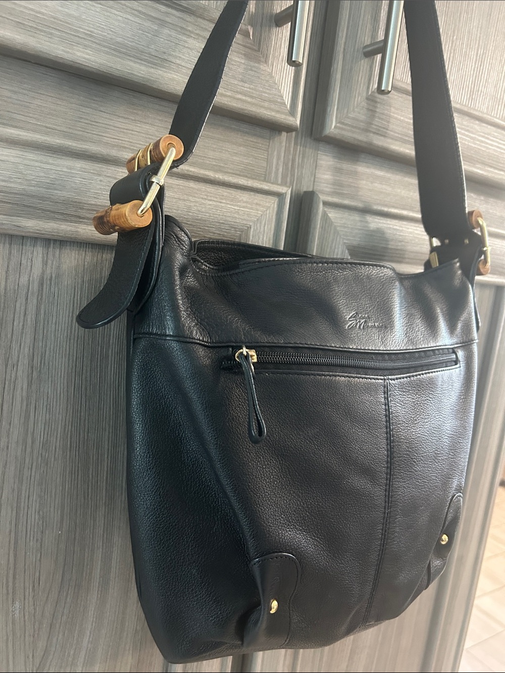 Stone Mountain Black Leather Shoulder Bag with Bamboo Accent Buckle